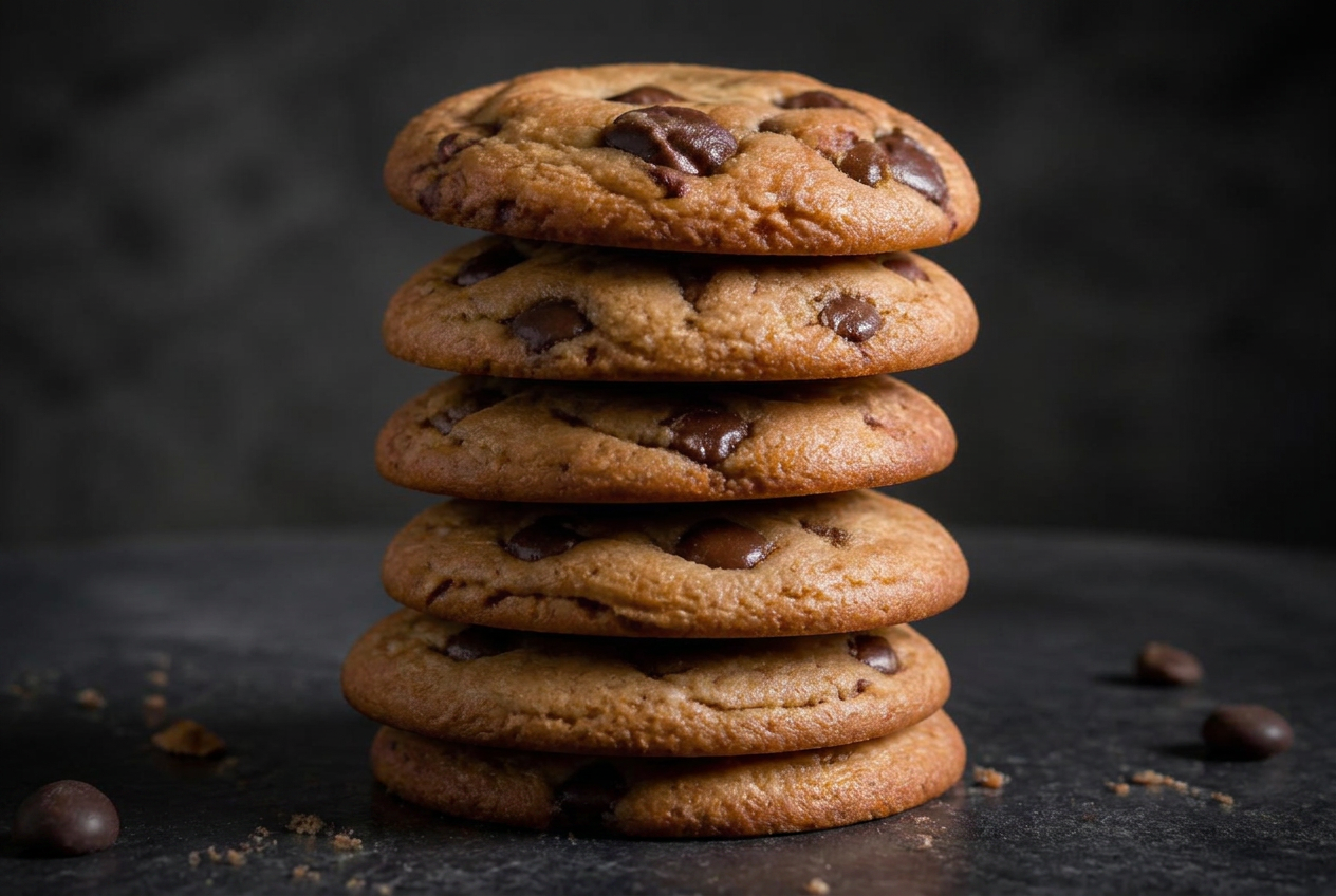 A tall stack of freshly baked chocolate chip cookies
